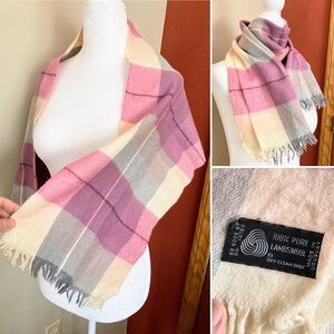 Vintage Pink Plaid 100% Pure Lambswool Made in Uruguay Scarf 12”x48”